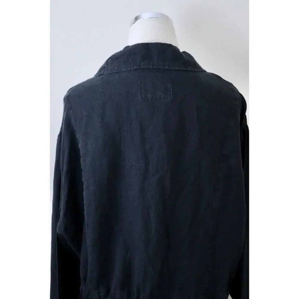 Flax Size L Woven Linen Collared Jacket Button Front High Low Hem Black - Picture 9 of 12